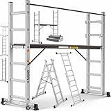 Masko® Baugerüst Alugerüst Gerüst 𝟰𝗶𝗻𝟭✓ Anlegeleiter ✓ Bockeiter ✓ Arbeitsgerüst ✓ treppenleiter✓ Arbeitsbühne | bis 150 KG belastbar | Anti-Rutsch beschichtet | Gerüstleiter | GS geprüft (EN 131)