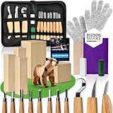 PUREWERK® Holzschnitzset für Erwachsene - 22-teiliges Schnitzwerkzeug-Set mit 11 Schnitzmessern, 5 Holz-Blöcken, Schärfkit, Handschuhen & Anleitung zum Schnitzen für Anfänger
