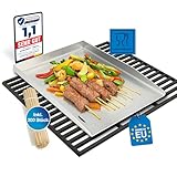 Schwanfeld® 40 x 30cm Plancha Grillplatte - [ESSENS-FALLSCHUTZ & ANTI-HAFT] - inkl. 200 Grillspieße aus Holz - Premium Grillmatte - Gesundes Grillen - Hochwertiger 4mm Edelstahl - Grillplatte Gasgrill