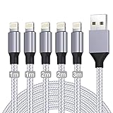 iPhone Ladekabel, Apple MFi Zertifiziert Ladekabel iPhone Schnellladekabel(5Pack-1/1/2/2/3m) USB A auf Lightning Kabel Nylon für iPhone 14 13 12 11 Pro XS Max XR X 8 Plus 7 Plus 6 Plus 5s SE (Grey)