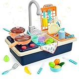 Diealles Shine Waschbecken Spielzeug, Spülbecken Küchenset, Küchenspielzeug mit Wasserkreislauf Geschirrspüler, Kinderspielzeug Rollenspiel (Blau)
