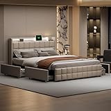 PerGar Schubladenbett 160x200cm, Polsterbett Doppelbett mit USB Ladefunktion, LED Kopfteil und 4 Schubladen, Stauraumbetten Jugendbett Bettgestell, Ohne Matratze, Leinen, Beige