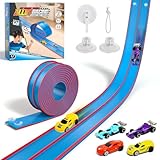 Sunrad Flexible Autorennbahn 4,5 Meter mit 4 Spielzeugautos, 2 Saugnäpfen & Dual Rampen - Rennstrecke für 1/64 Autos, Rennbahn Spielzeug Geschenk für Kinder ab 3 4 5 6 7 Jahre Jungen und Mädchen