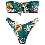 ZAFUL Damen Bandeau Schulterfrei Bikini Set Sexy Strandkleidung mit Blumenmuster Knote (Grün, S)
