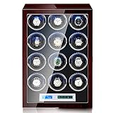 PAHION Automatischer Uhrenbeweger Mit Fingerabdrucksperre Holzgehäuse Und Schwarzes Carbonfaserleder Mit LED-Beleuchtung Und Leisem Motor Armbanduhren-Vitrine Mit LCD-Bildschirm Und Fernbedienung