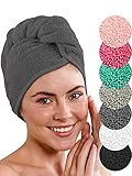 LAYNENBURG 2er-Set Premium Haarturban mit Knopf aus 100% Baumwolle - Haar-Handtuch inkl. 8 Haargummis - für Kurze und Lange Haare – Turban Handtuch ist schnelltrocknend und saugstark (anthrazit)