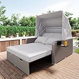 Laxnb Poly Rattan Gartenmöbel Set Garten Lounge Möbel, Doppelsofa Lounge mit Verstellbare Markise und Kissen, Sonneninsel für Garten & Pool, Gartensofa Balkonmöbel (Khaki)