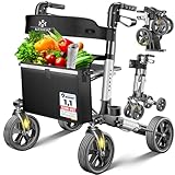 KESSER Leichtgewicht Rollator faltbar mit Sitz, Griff, Tasche, schmal für Senioren Wohnung, Klappbar, Höhenverstellbar, Reflektoren | All Gelände Reifen Indoor-& Outdoor, Gehhilfe, Laufhilfe, Schwarz