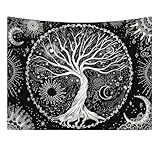 Baum des Lebens Wandteppich, 150x130cm Sonne Mond Tapisserie, Wandbehang Schwarz, Tapisserie Wandbehang, für Schlafzimmer Ästhetik Zuhause Wohnzimmer Wohnheim Dekor (Schwarz Weiß)