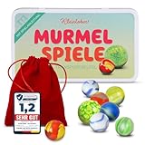 Kleintober 25 Premium Murmeln I Glasmurmeln I Murmelspiel in Metalldose mit Anleitung für 5 Spiele und Transportbeutel I Murmel Klassiker, teils handgemacht I Kinder Geschenke