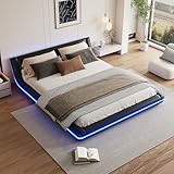 Aoskem Polsterbett Bett 160x200 cm Doppelbett, LED-Bett, Flachbett Bodenbett, Bettgestell mit Lattenrost aus Holz, Jugendbett Rückenlehne Bett, Ohne Matratze, PU-Kunstleder Schwarz