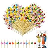 LXBCTOP 200 Stück Cocktailspieße, 12cm Holz Spieße Fingerfood, Bunt Cocktail Deko, Cocktails Zahnstocher Holz mit Niedlicher Deko, Herz Plumblüten Cocktail Sticks für Bar Snacks Party Obst Kuchen