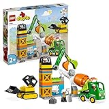 LEGO DUPLO Baustelle mit Baufahrzeugen, Kran, Bulldozer und Betonmischer-Spielzeug für 2-jährige Jungen und Mädchen mit großen Steinen 10990