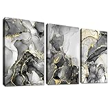 3 Pcs Grau Gold Marmor Mit Rahmen Leinwand Bilder Poster Kunstdruck Pictures Abstrakte Bild auf Leinwand Modern Wandbilder Wandposter Wohnzimmer Schlafzimmer Wanddekoration 90x40cm (12'x16'x3pcs)