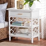bali & pari Akane Nachttisch aus natürlichem Rattan mit Schublade und offenen Regalen, Küstennachttisch mit Gitter-Design, Weiß