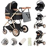 Zkiprm Kinderwagen 3 in 1 mit Autositz-Kombination, verstellbarer Griff Buggy Aluminium Rahmen hohe Landschaft Moskitonetz/regen Abdeckung/Mama Tasche enthalten, geeignet für Neugeborene 0-3 Jahre alt