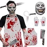 5 Stück Halloween Kostüm Herren Gruselig, Metzger Kostüm Halloween mit Blutiger Schürze Messer Maske Kleines Messer Stirnband Blutigem Horror Kostüm für Erwachsene Cosplay Foto-Requisiten Kostümparty