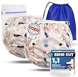 KIDVERSE 2er Set Schwimmwindel Baby 0-3 Jahre - Hautfreundliche Schwimmwindeln wiederverwendbar & saugstark - Baby Schwimmwindel mit Tasche & Wäschenetz (Beige Sea 2er)
