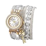 JewelryWe Armbanduhr Damen Böhmisch Retro Strass Glitzer Analog Quarz Beiläufige Uhr Damenuhr mit Geflochten Leder Armband Wickelarmband und Kleeblatt Schlüssel Anhänger, Weiß