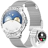 Damen Smartwatch Bluetooth Anrufe für Android iOS 100+ Sport Fitness Activity Tracker 1,32' HD Full Touch Screen Frauen Smartwatch Herzfrequenz Schlaf Monitor Diamant Damen Silber Masche Smartwatch