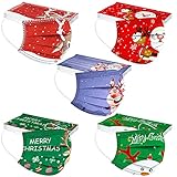 AMDOLE 50 Stück Weihnachtsmaske Mundschutz Kinder Einweg 3-lagig MNS Mund-Tuch mit Motiv Bunt Mund und Nasenschutz Maske Weihnachten Atmungsaktiv Mund-Tuch Halstuch Tücher Bandana Schals