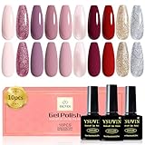 YSUVIN UV Nagellack, 10 Farben Nude Rose Taupe Rot Glitzer Rose Gold Silber Winter Glitzer Gel Nagellack Set Soak-off UV Gellack für Anfänger DIY Nail Art Maniküre Salon, Langlebig, 8 ML