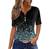 Hemden Damen Button Kurzärmlige Summer Bauchfrei Arbeits Polyester Übergrößen Anliegen Hemd Damen Cool mit Gummizug V Ausschnitt Print Dunkelgrün