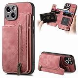 Hülle für iPhone 17 mit Kartenhalter, Leder iPhone 17 Handyhülle Handytasche Reißverschluss Brieftasche, Stoßfeste Schutzhülle für iPhone 17,Rosa