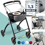 maxVitalis Wohnungsrollator 54cm breit, faltbar und leicht, inkl. Tablett & Stoffkorb, Rollator schmal für die Wohnung, Indoor-Rollator, klappbar, Aluminium,Mobilität für Zuhause anthrazit