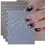 JMEOWIO Nagelsticker Holografischer Aurora Mondstern 8 Blatt Nail Art Sticker Selbstklebend Nagelaufkleber Buntes Dekoration Nageldesign Zubehör