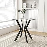 GOLDFAN Esstisch Rund Glas Küchentisch Glastisch Moderner Tisch Wohnzimmertisch mit Stahlbeinen Schwarz 80cm