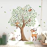 Tanlaby Waldtiere Baum Wandaufkleber Eichhörnchen Rehkitz Affe Eulen Wandsticker Safari Wandsticker Aquarell Tier Baum Wandaufkleber für Kinderzimmer Schlafzimmer Wohnzimmer Flur Wanddeko