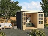 Karibu Gartenhaus Askola 3 | Gerätehaus mit 19 mm Wandstärke | Doppelflügeltür mit Lichtausschnitten | Schuppen mit 5,05 m² Grundfläche | Steck-/Schraubsystem | Terragrau | 242 x 217 x 211 cm