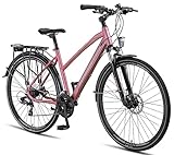 Licorne Bike Premium Touring Trekking Bike in 28 Zoll Aluminium Scheibenbremse Fahrrad für Jungen, Mädchen, Damen und Herren - 21 Gang-Schaltung - Mountainbike - Crossbike (Damen, Rosa)