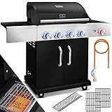 KESSER® Gasgrill Master BBQ mit 800°C Infrarot & Grill-Thermometer, LED-Beleuchtung, Keramik 4+1 Brenner aus Edelstahl XXL Grillwagen Grill, Seitenkocher, 5-11 KG Gasflasche Piezozündung Schwarz