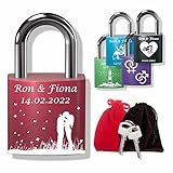Liebesschloss mit Wunschgravur zum Valentinstag, Hochzeitstag, Jahrestag, Geburt; inkl. Gravur, optional mit Samtbeutel; Vorhangschloss aus eloxiertem Aluminium