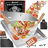 KESSER® Plancha Grillplatte Edelstahl mit Deckel & Fettablauf 40x30cm rostfrei hitzebeständig bis 800°C & Spülmaschinenfest für Gas & Holzkohlegrill mit 2 Spatel, Grillschürze, Grillmatte & Rezeptbuch