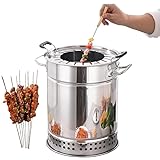 Edelstahl rauchfreier Grill - Tragbares vertikales Holzkohle-Räucherfass mit 20 Spießen und Zubehör Set für 360° Rundum-Braten, Multifunktions-Kochen