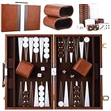 Backgammon Koffer Holz,2 Spieler Klassisches Reise-Backgammon-Set mit Hochwertiger Ledertasche Tragbares und mit Würfelbecher für Camper & Travel-Fans
