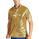 70er Jahre Disco Nachtclub Party T-Shirts Herren Hemd Kurzarm Turndown Sparkles Pailletten Poloshirts Glitzer Hemd Kunstleder Herren Karneval Kostüm Glänzend