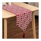 Beydodo Tischläufer Rot Leinen, Tischläufer 32x160 Abwaschbar Jacquard mit Quaste Tischläufer Modern Hochzeit Outdoor Tischdekoration Tischdecke