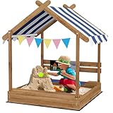 Outsunny Sandkasten mit Dach, Sandkiste aus Holz mit Sitzplatz, Spielhaus, 124 x 116 x 146 cm Sandbox mit Tafel für 3-7 Jahre Kinder, Garten, Braun