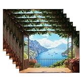 Tischsets 6er abwaschbare Frühling Sommer Tischdeko - Platzsets Lake Forest Tischuntersetzer in 43 cm - Falsche Fensterszenerie Platzdeckchen Tischunterlage für Esstisch Wohnzimmer TischGrün