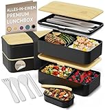 Umami Lunchbox Erwachsene, Auslaufsichere Bento Box mit Fächern und 4 Bestecke, Brotdose Erwachsene, Salatbehälter To-Go, Lunch Box für Picknick/Büro, Schwarz & Beige, 1200 ml