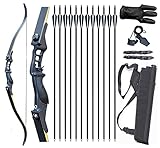 Vogbel Pfeil und Bogen Set Bogenschießen für Erwachsene Recurve Bogen Rechte Hand 30-50Lbs Longbow Kit Metall Riser Schwarz 52 Zoll mit Pfeilköcher(50lb)