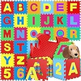 KIDIZ® Spielmatte 86 TLG Spielteppich Puzzlematte Kinderteppich Schutzmatte Kinderspielteppich Schaumstoffmatte ABC Lernteppich Puzzleteppich Puzzle Zahlen Buchstaben Maß je Matte ca. 31,5x31,5cm Bunt