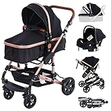 MUWO 3 in 1 Kinderwagen Komplettset inkl. Babywanne, Buggy Sportsitz, Auto Babyschale mit Regenschutz und Moskitonetz, zusammenklappbar (Schwarz)