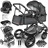 KIDUKU® 3 in 1 Kinderwagen Komplettset | Kombikinderwagen Set inkl. Babywanne & Buggy Sportsitz & Auto-Babyschale Fußsack | Vollgummireifen Wickeltasche Handwärmer Regenschutz Kindertisch ECE R129