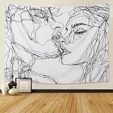 LOMOHOO Abstrakte Skizze Kunst Wandbehang Schwarz und Weiß Kissing Lovers Wandteppich für Schlafzimmer Wohnzimmer Dorm Decor Wandkunst 130x150cm