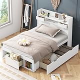 Rtopsu Einzelbett Kinderbett 90x200 cm mit USB-Kopfteil, Holzbett Jugendbett mit 3 Stauraum Schubladen und Stauschrank, Bett Bettgestell mit Bettkasten und Lattenrost aus Holz, Weiß, Ohne Matratze